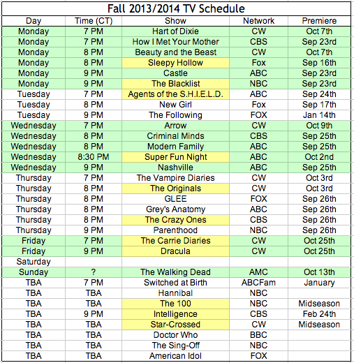 My TV Schedule 2013 2014 Season A Book And A Latte